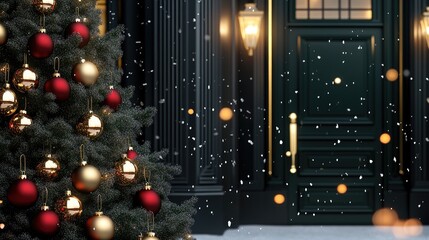 Wall Mural - A decorated Christmas tree stands beside a dark door adorned with a wreath. Snowflakes fall softly, creating a tranquil winter atmosphere at this welcoming entrance.