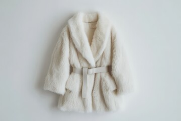 White faux fur belted coat, isolated on white background, cruelty-free and eco-friendly winter fashion ideal for branding and retail use