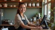 © nitinshankhwar - Portrait of Young Woman Working in Café with Modern POS System – High-Quality 4K Photography. Cheerful Barista at Coffee Shop Counter Using Touchscreen POS Terminal.