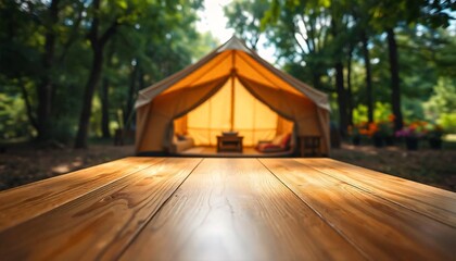 Wall Mural - A empty wooden table in the foreground with a tent and trees in the blurred background, suggesting an outdoor camping scene in a forest