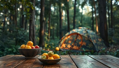 Wall Mural - A empty wooden table in the foreground with a tent and trees in the blurred background, suggesting an outdoor camping scene in a forest