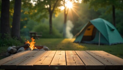 Wall Mural - A empty wooden table in the foreground with a tent and trees in the blurred background, suggesting an outdoor camping scene in a forest
