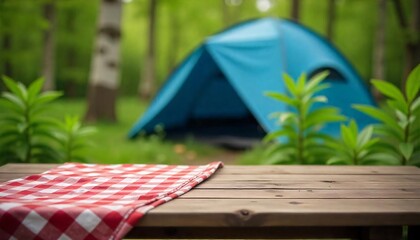 Wall Mural - A empty wooden table in the foreground with a tent and trees in the blurred background, suggesting an outdoor camping scene in a forest