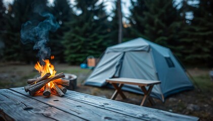 Wall Mural - A empty wooden table in the foreground with a tent and trees in the blurred background, suggesting an outdoor camping scene in a forest