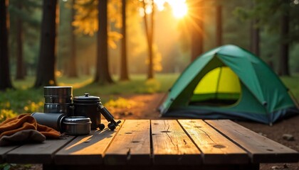Wall Mural - A empty wooden table in the foreground with a tent and trees in the blurred background, suggesting an outdoor camping scene in a forest