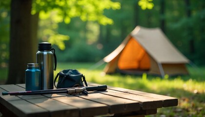 Wall Mural - A empty wooden table in the foreground with a tent and trees in the blurred background, suggesting an outdoor camping scene in a forest