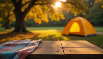 Wall Mural - A empty wooden table in the foreground with a tent and trees in the blurred background, suggesting an outdoor camping scene in a forest