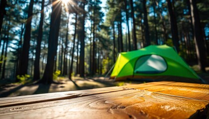 Wall Mural - A empty wooden table in the foreground with a tent and trees in the blurred background, suggesting an outdoor camping scene in a forest