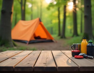 Wall Mural - A empty wooden table in the foreground with a tent and trees in the blurred background, suggesting an outdoor camping scene in a forest
