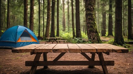 Wall Mural - A empty wooden table in the foreground with a tent and trees in the blurred background, suggesting an outdoor camping scene in a forest