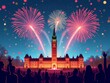 © Alex Pios - A colorful digital illustration of an Ottawa celebration with fireworks over Parliament Hill, confetti falling, and people cheering