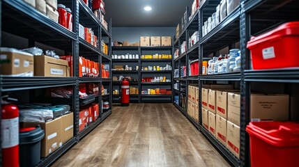 Poster - An organized storage area displays shelves stocked with various supplies, including containers and safety equipment. The layout promotes efficiency for easy access.