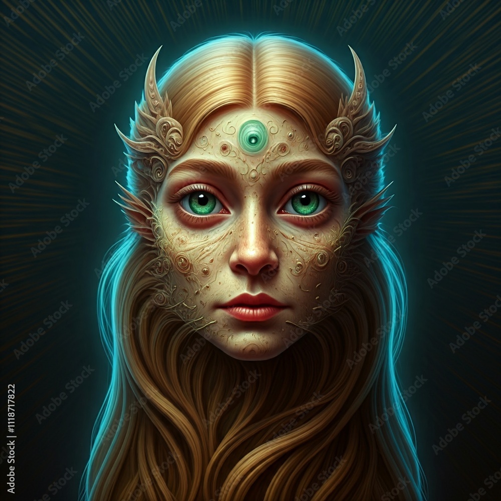 Beautiful Witch Lady, Portrait of a Mystical Elven Woman with Golden ...