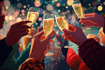 Wall Mural - New Year's Eve toast, multiple people toasting with champagne glasses in the foreground, a festive party background, sparkling stars in the sky, and a celebratory atmosphere Generative AI