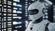 © Angelina - A futuristic robot in white, adorned with red accents, is positioned in front of a stock market ticker.