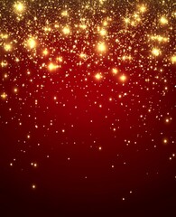 Wall Mural - Gold glitter lights on a red background featuring blurred bokeh, appropriate for banners used in Christmas, New Year cards, Valentine's Day, Women's Day celebrations, and other holidays or events.