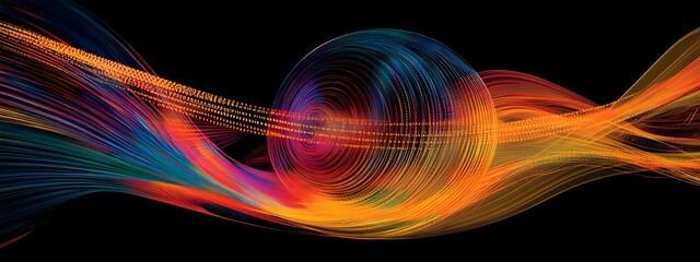 Digital background featuring swirling lines of code with holographic elements