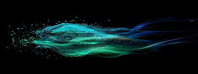 Digital background featuring swirling lines of code with holographic elements
