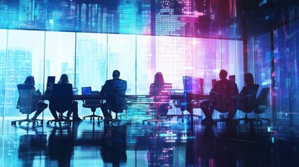 Silhouetted business team meeting, futuristic city backdrop.