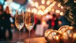 © Graphic Dude - Two Champagne Flutes with Golden Bubbles Festive Celebration Christmas New Year Party Holiday Drinks Elegant Toast Cheers Sparkle Festive Atmosphere Golden Ornaments Blurred Background Bokeh Lights