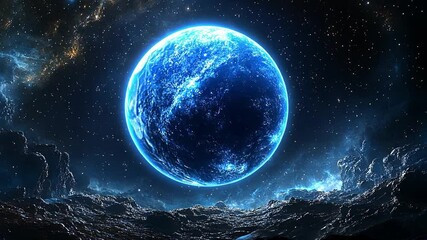 Wall Mural - stunning view of a glowing blue planet against a starry cosmic backdrop in vibrant colors