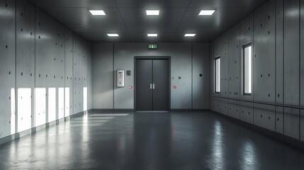 Poster - A spacious hallway features smooth gray walls and fluorescent lighting. Large windows allow natural light to brighten the area, creating a contemporary atmosphere.