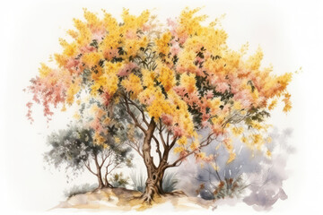 Watercolor painting of a tree with yellow flowers on a white background