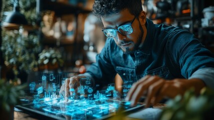 Focused man using holographic interface on tablet.