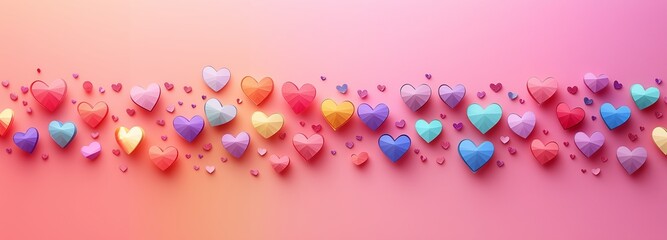 Colorful and rainbow design with colorful paper hearts laid out on a pink background. Arrangement for celebrating love, Valentine's Day, LGBT+ events or making cards and posters.