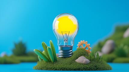 Wall Mural - innovative growth, depicted as a lightbulb sprouting from the ground like a plant, surrounded by gea