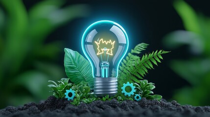 Wall Mural - the image of a lightbulb emerging from soil like a plant, encircled by gears and digital symbols, il