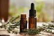 © Madeleine Steinbach - Two bottles of aromatherapy essential oil with thyme leaves