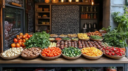 Aufkleber - A colorful array of fresh vegetables and fruits is laid out on a wooden table at a bustling market. Various greens, tomatoes, and herbs create an inviting scene in the morning light.