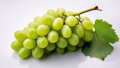 Wall Mural - A bunch of ripe green grapes with a vibrant leaf.