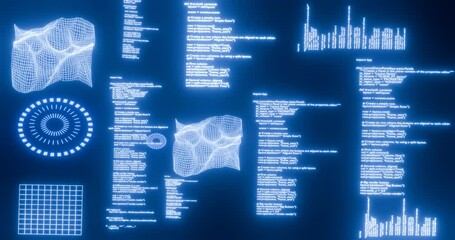 3d holographic render animation of a code running on cloud, Artificial intelligence booting up, AI system ready, Code running, Cyber security Concept.