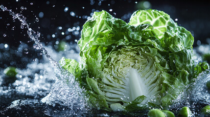 Wall Mural - Crisp cabbage splash freshness, vibrant raw fresh ingredient organic, hydrating water nutrition vegetable food, natural wholesome succulent, delicious garden fresh nutritious salad.