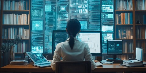 Woman programmer working late at night in a home office with multiple computer screens displaying data.