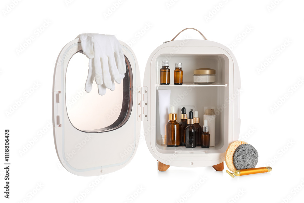 Small cosmetic refrigerator with cosmetic products on white background