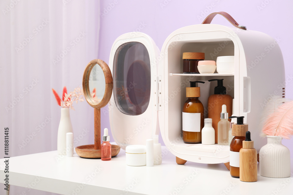 Small refrigerator with cosmetic products and mirror on table against lilac wall
