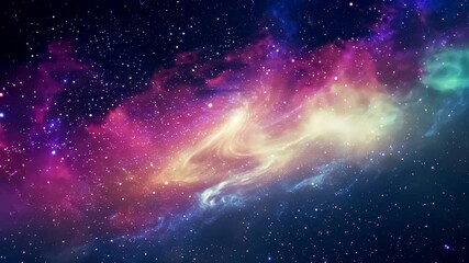 Wall Mural - Stunning Wide Shot of a Vibrant Nebula with Swirls of Pink, Purple, Blue, and Gold in a Dark Starry Background.
