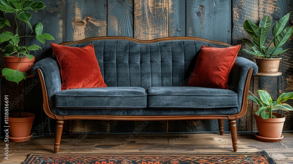 Elegant vintage sofa with plush velvet upholstery surrounded by lush ...