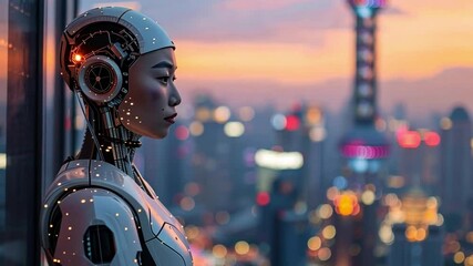 Aufkleber - A lifelike robotic figure stands beside a large window, gazing out at a vibrant city skyline illuminated by twilight. The city bustles with activity as lights twinkle in the distance.