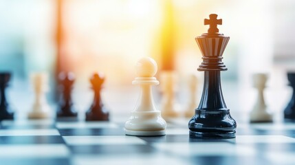 Closeup of strategic chess pieces set on a board, highlighting competition while the background remains softly blurred.