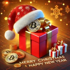 Wall Mural - 3d design with Santa cap with gift box and bitcoins in it Merry Christmas and Happy New banner design with realistic red decoration, 2025, celebration, banner, poster created with generative ai