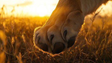 Wall Mural - Golden Hour Lion Paw Close-Up: Majestic African Sunset