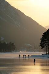 Wall Mural - Golden Hour Cross Country Skiing on Frozen Lake, Mountain Vista, Scenic Winter Landscape