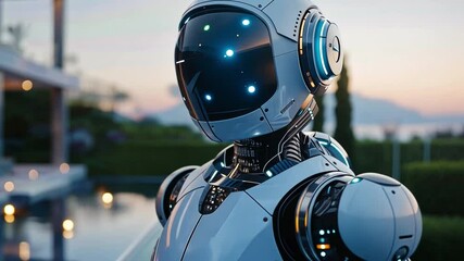 Aufkleber - A cutting-edge AI robot stands outside a modern estate as the sun sets, highlighting advanced robotics and innovative design against a stunning backdrop of luxury living.