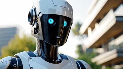 Aufkleber - A sleek robot stands prominently in front of a contemporary luxury estate, highlighting cutting-edge design and artificial intelligence features.