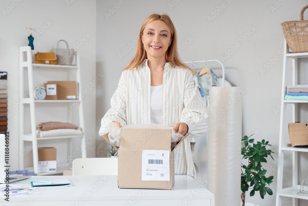 Female seller packing online ordered bag into parcel box in warehouse store