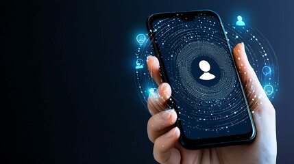 Wall Mural - spam call scam report. a hand holds a smartphone displaying a user icon surrounded by digital connec